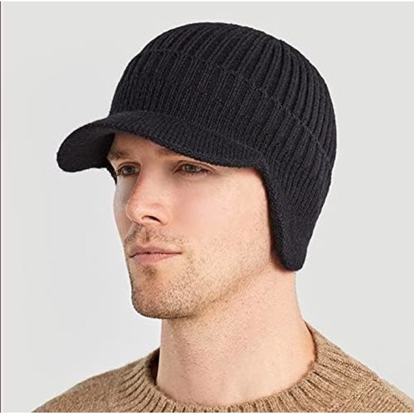 Miesten talvihattu lämpimällä vuorilla, miesten neulottu fleece-hattu, miesten lämpimät talvihatut korvaläpillä ulkoiluun, musta