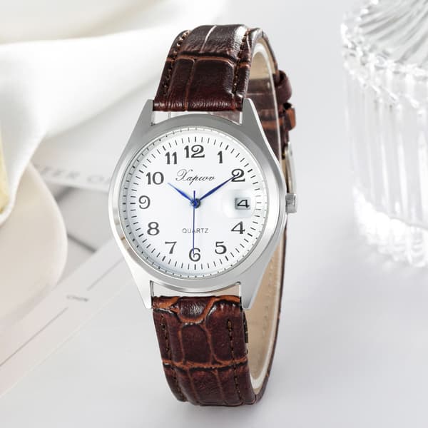Women's Watch with Easy-to-Read Dial, Silver Case, and Brown Leather Strap, Waterproof