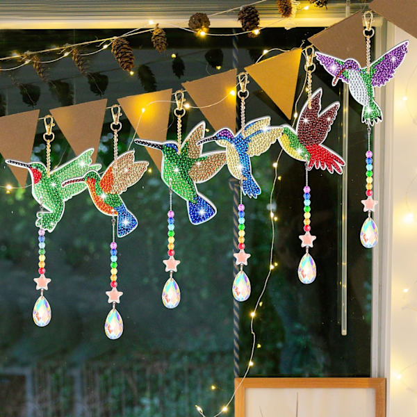 6 stk. diamantmaleri, 5D seilende vindklokker, tosidig DIY vindklokker mal etter serienummer, diamantmaleri hengende ornamenter sett, kolibri