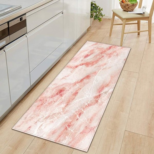 Marmor mønstret tæppe til køkkenet skridsikkert absorberende, hjem vaskbart tæppe til stue badeværelse, polyester fiber sten mønstret dør måtte,Pink-40x120CM