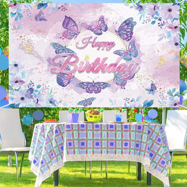 Lila fjäril Grattis på födelsedagen Bakgrund Banner Dekor Söt Baby Floral Fotografi Bakgrund Födelsedagsfest Dekorationer Tårta Bord Foto Banner
