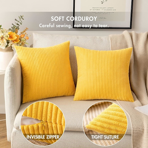 2-pack Corduroy örngott Supermjuka kuddfodral Randiga örngott för soffa sovrumssoffa 20 x 20 tum Gyllengul