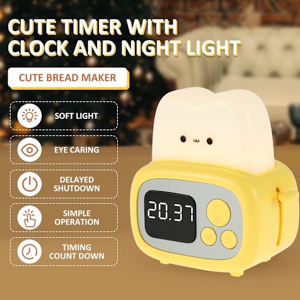 Digitalt vækkeur natlys til børn, toast vækkeur, lys med LED-timer, natlys, vækkeur, til soveværelse, camping (gul)