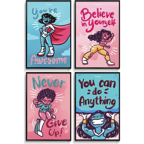 Sort pige vægkunst til lille pige Værelsesindretning – Sorte kunstplakater til teenagepiger Værelsessæt med 4 – Børneværelsesindretning – Sort kvinde vægkunst 11x17”