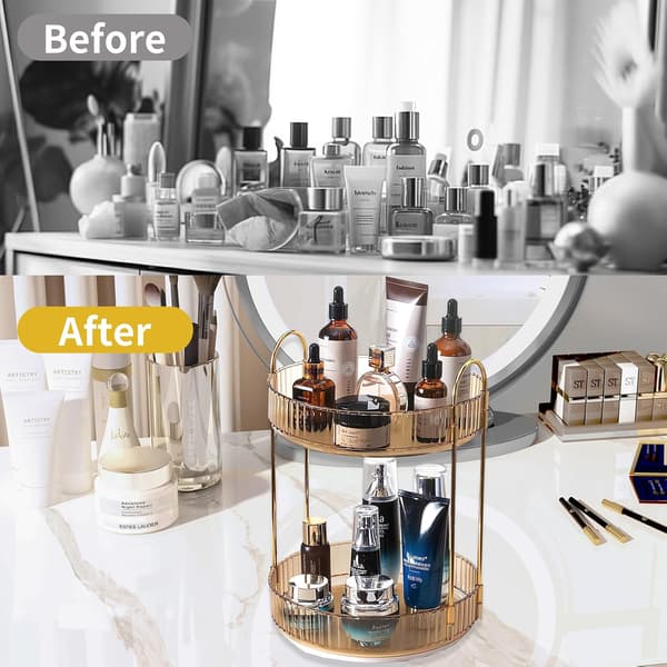 Makeup Organizer - 2 or 3 Drawers Makeup Storage 360° Rotating Makeup Stand Organizer Makeup Tools Gold 2 våningar