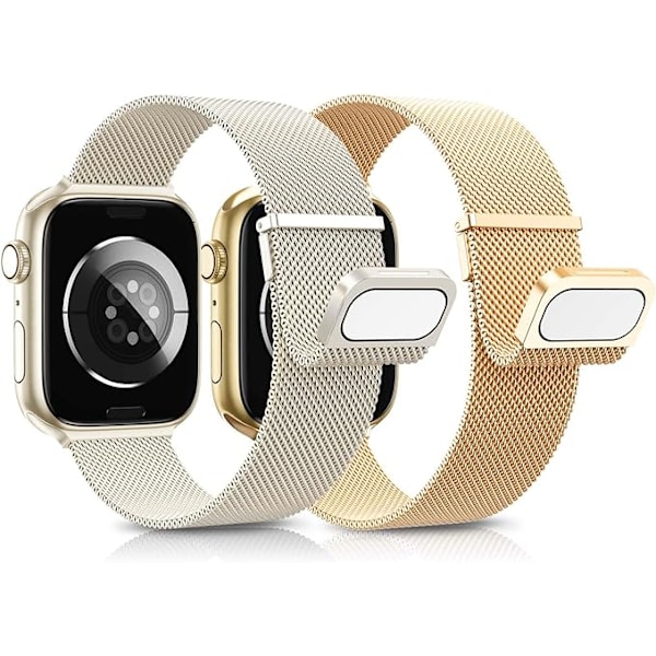 2 Stk. Remmer Kompatible med Apple Watch Armbånd, Dobbel Magnet Justerbar Rustfritt Stål Metall Kompatibel med iWatch Armbånd Se Ultra Serien Starlight + Gold 38/40/41mm
