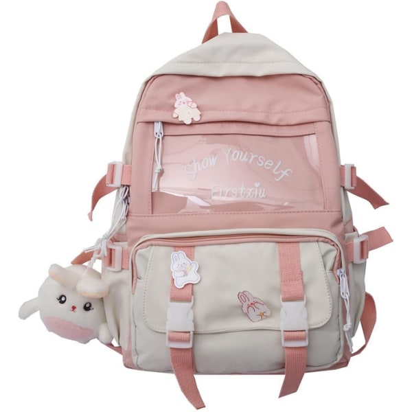 Kawaii Rygsæk med Kawaii Pin og Tilbehør Rygsæk Sød Æstetisk Rygsæk Sød Kawaii Rygsæk til Skole(pink)