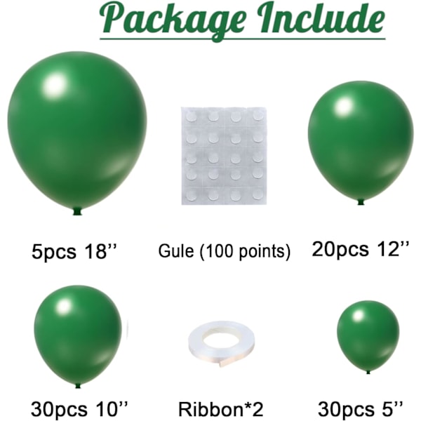Gröna ballonger 85 st Mörkgröna ballonger Girlangbåge Kit 5/10/12/18 tum Olika storlekar Gröna matta latexballonger för  Festdekorationer
