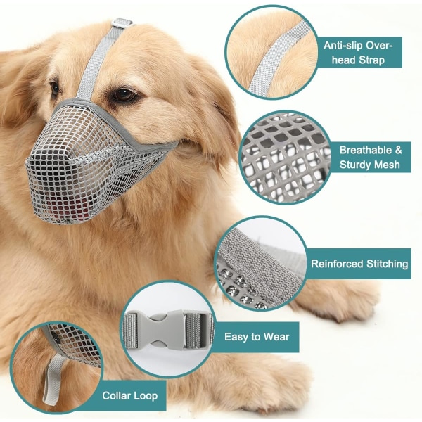 Hundemundkurv, mundkurv med blødt net, beskyttelse mod forgiftet agn med justerbare stropper, forhindrer bidende tygning og slikning (L, grå)