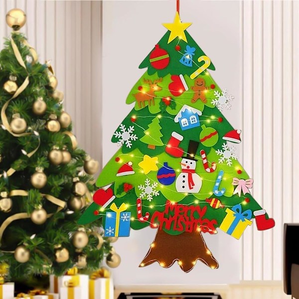 Filttallrik Julgran Set, 1 meter DIY Dörr Vägg Hängande Julgran för Festtillbehör Julgåvor Hem Nyår Juldekorationer Tree + 3m lights
