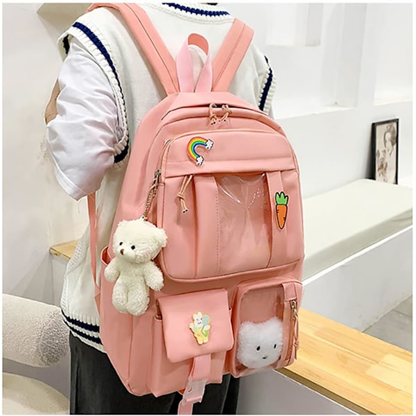 Kawaii 5-delad flickryggsäck för flickor med söta björnaccessoarer, skolmaterial skolväska pennfodral praktisk axelväska-rosa