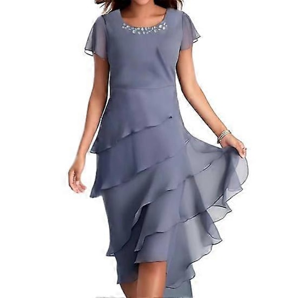 Elegant kjole for kvinner, O-hals, dekorert med perler, kort ermet midi-kjole, lagdelt kakekant, flagrende kjole, fest, bryllupsgjest blue 2XL