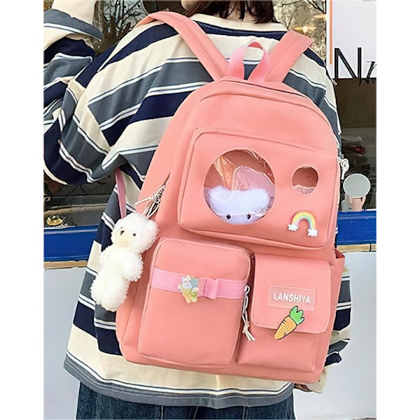 Kawaii æstetisk sød 5pcs skole tasker sæt med tilbehør skole leverandører til teenagere piger rygsæk tote taske (Pink)…