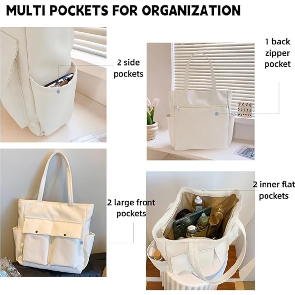 Kvinnor Multi Fickor Dragkedja Vattentät Lätt Tote Väska Casual Stora Axel Handväskor Söta Canvas College Totes