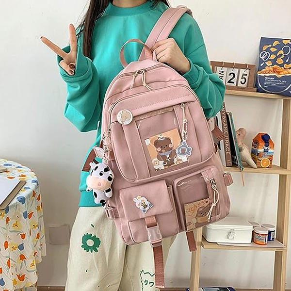 Kawaii Rygsæk med søde pin-tilbehør Plys Vedhæng Kawaii Skolerygsæk Sød Æstetisk Rygsæk-Pink