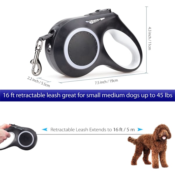 Retractable-koiranhihna - 16 jalan pituinen rullahihna LED-valolla - Ladattava, sotkeutumaton ja liukumaton kädensija kävelyhihna (musta)