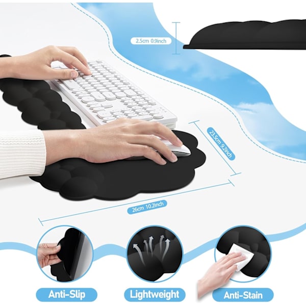 Musmatta med handledsstöd, ergonomisk musmatta med handledsstöd, smärtlindrande musmatta med halkfri gummibas - svart dyna