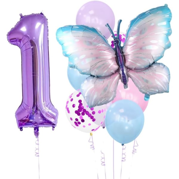 Butterfly First Fødselsdagspynt til piger, Butterfly Fødselsdagspynt, 9 stk. Nummer 1 Sommerfugleballoner Butterfly Decor(en)