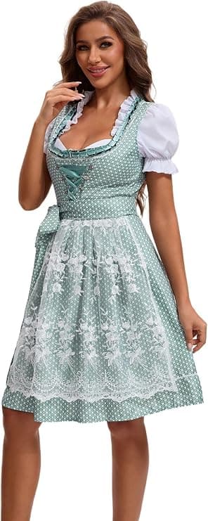 Dirndl til kvinder, traditionel midikjole til kvinder, dirndl-kjole med blonder inkl. dirndl-bluse og dirndl-forklæde, 3 dele, til Oktoberfest og green L