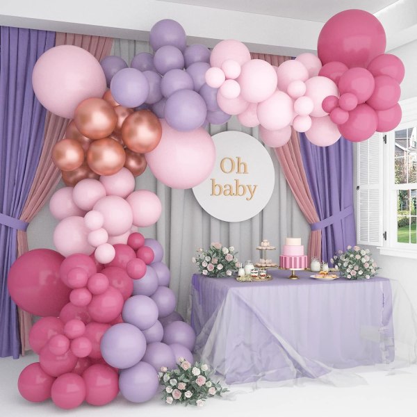 Baby Shower -koristeet tytöille 140 kpl Violetti Pinkki Ilmapallo Garland -sarja Dusty Rose Gold Ilmapallokaari Kaksinkertaiset Ilmapallot Juhlakoristeisiin