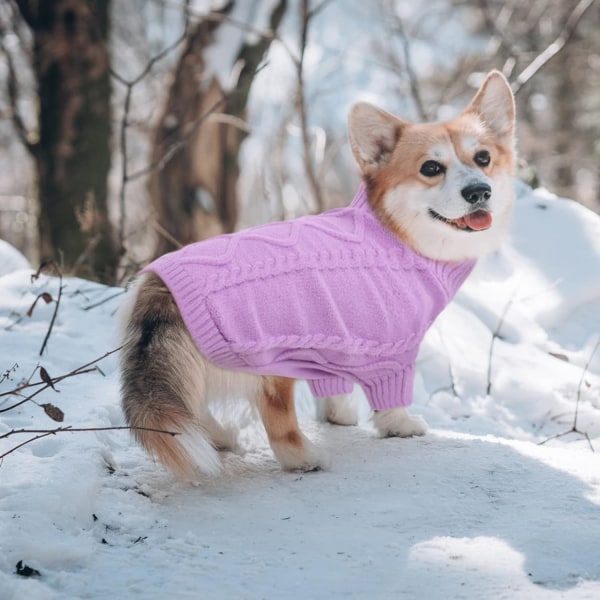 Sweater med lille hundetrøje, kabelstrik til koldt vejr, klassisk rullekrave tykt varmt tøj til Chihuahua, Bulldog, Gravhund, Mops (Lilla, X-Large)