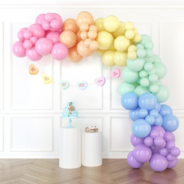 Regnbueballonbuesæt - 100 stk. Pastelballonguirlandesæt med kartonbanner, pink, orange, gul, lilla og blå balloner