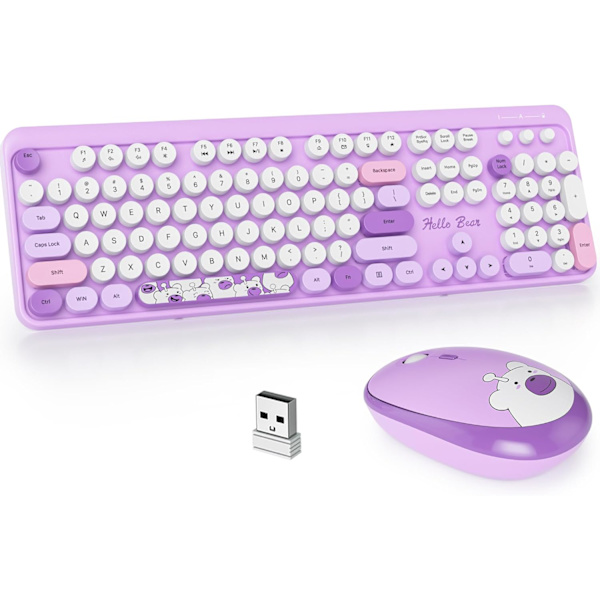 Skrivemaskine tastatur trådløs mus combo, sød tastatur 2.4G kontor fuld størrelse retro tastatur med runde taster til bærbar pc skriveborde Mac（Lilla）