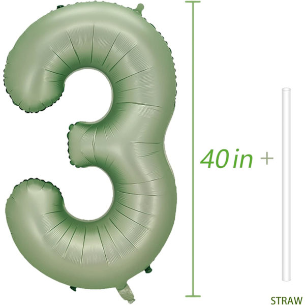 Numero 3 ilmapallo, Suuret numeropallon 40 tuumaa, 3. syntymäpäiväjuhlan koristeet Kolmas syntymäpäivä kyltti koriste, Salvianvihreä