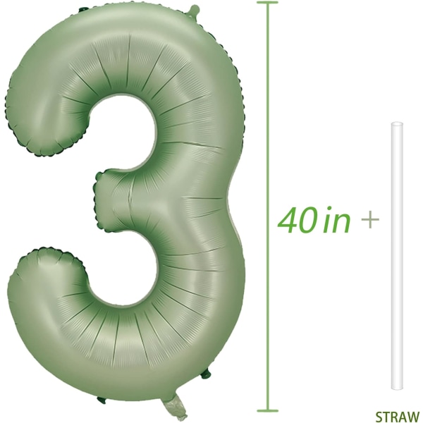 Nummer 3 ballong, stort antall ballonger 40 tommer, 3. bursdagsfestdekorasjoner Tredje bursdagsskiltdekor, salviegrønn