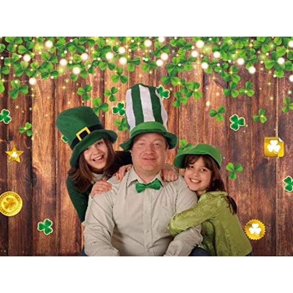 7x5ft St. Patrick's Day Bakgrund Glitter Rustik Trä Grön Lycklig Shamrock Guldmynt Bakgrund för Nyfödd Baby Shower Födelsedagsfest Dekor Banner