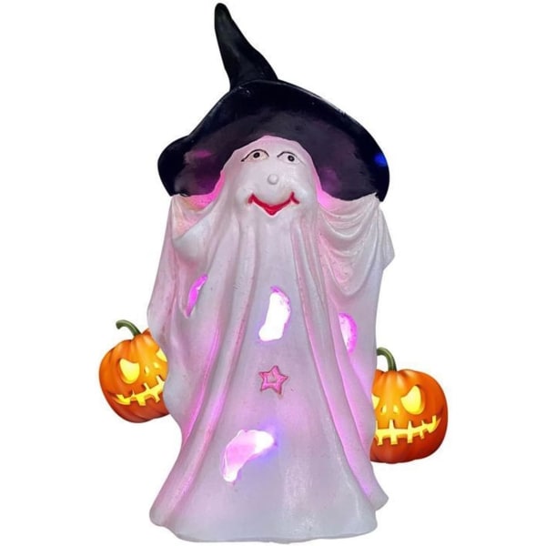 LED lysende spøgelsesstatue, gyserdekoration, miniharpiks GNOME-figur, Halloween-dekoration til indendørs og udendørs haver