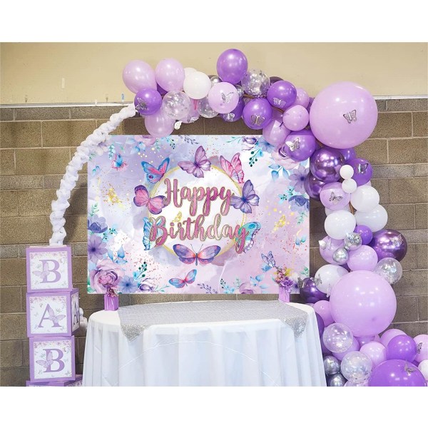 7x5ft Lilla Sommerfugl Blomster Bursdag Bakgrunn Eventyrland Sommerfugl Kyss Gull Glitter Blomster Bakgrunn Jente 1. 5. Fest Kake Bord Booth Dekor
