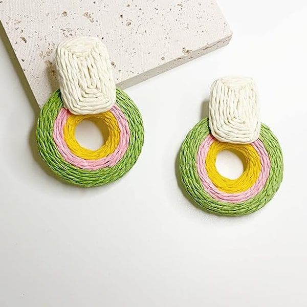 Statement Raffia Korvakorut Naiset Pyöreä Luuranko Boho Käsityönä Rattan Olki Kääre Geometrinen Riipus Korvakorut