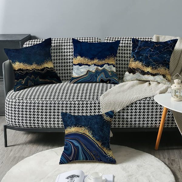 Kuddfodral 18x18 Set om 4 Dekorativa Kuddfodral Linne Marmor Textur Turkos Blå Guld Kuddfodral Kuddfodral för Soffa Vardagsrum