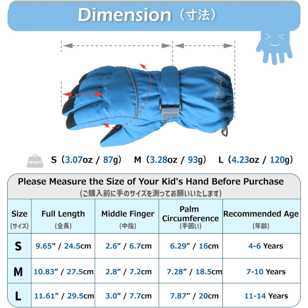 Barn Skihansker Vinter Snøhansker Vanntett Vinter Varme Hansker for Snowboard, Ake, Vindtett og Vanntett, Blå, M