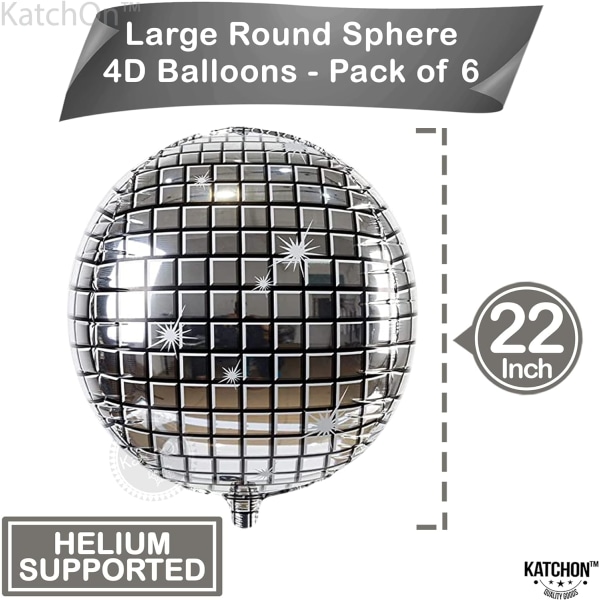 Sølv discoballoner - 22 tommer, pakke med 6 | 4D Sphere Disco Balloner til Disco Festdekorationer | 70'er Party Oppustelige Disco Kugle dekorationer