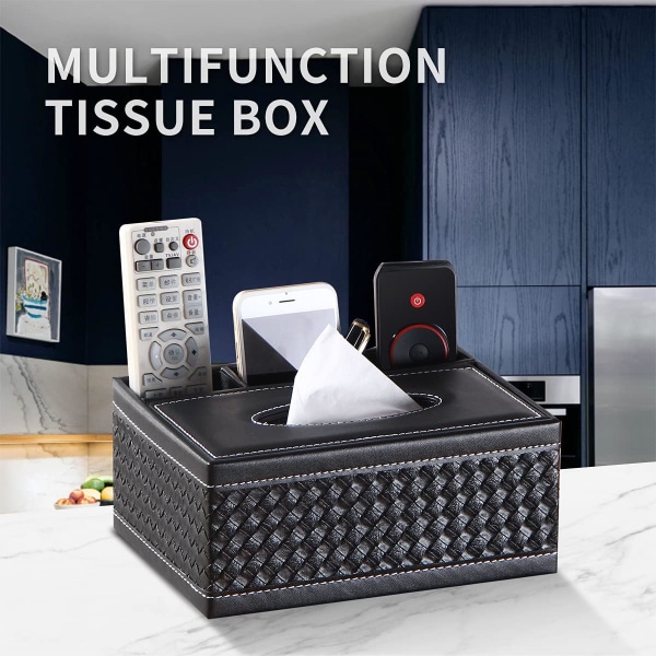 Rektangulær læder servietholder, sort, multifunktionel fjernbetjening, kontorartikler, dispenser, skrivebord, hjemmekontor, forsyninger, caddy