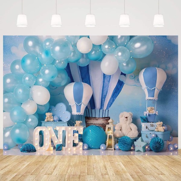 Nyfödd pojke björn porträtt bakgrund fotostudio blå ballonger varmluftsballong bakgrund en födelsedag fotografering (7x5FT/2.1x1.5m)