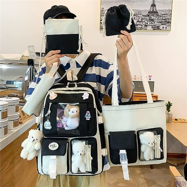 Kawaii rygsæk sæt 5 stk æstetiske skoletasker sødt rygsæk sæt med vedhæng madpose, penalhus, håndtaske, møntpung-sort