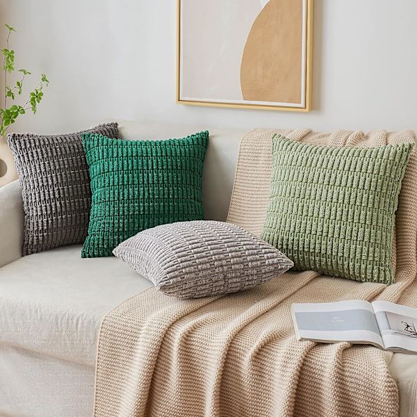 Pakke med 2 pynteputer i kordfløyel, 18x18 tommer, myke pynteputer i boho-stil med striper, moderne hjemmedekor, salviegrønn