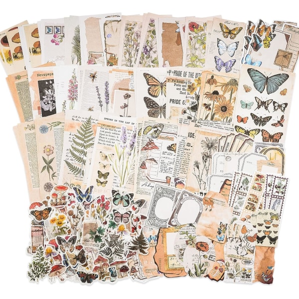 Vintage-askartelutarvikepakkaus (200 kpl) roskalehdenpitoon, Bullet Journal -lehdenpitoon, suunnittelijaan, kasvitieteellinen paperitarra, askartelusetti, esteettinen