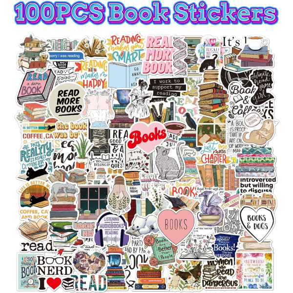 100 stk. klistremerker for bøker, klistremerker for bøker med kjærlighet til lesing, vinyl, vanntette klistremerker for bokelskere, klistremerker for bøker, gaver til bokelskere, klistremerker for vannflasker og telefoner