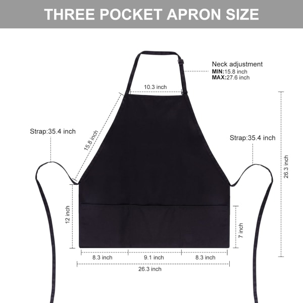 2 pakke 3 lommer justerbart smekkeforkle polyester stoff kokk kjøkkenforkle for kvinner menn, svart