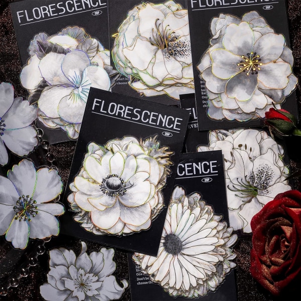 120 stk svarte og hvite blomsterklistremerker, glitter Vanntett dekorasjon for Scrapbooking Trash Journaling Bullet Notatbok Vannflaske Papirhåndverk