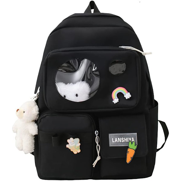 Kawaii æstetisk sød 5pcs skole tasker sæt med tilbehør skole leverandører til teenagere piger rygsæk tote taske (sort)…