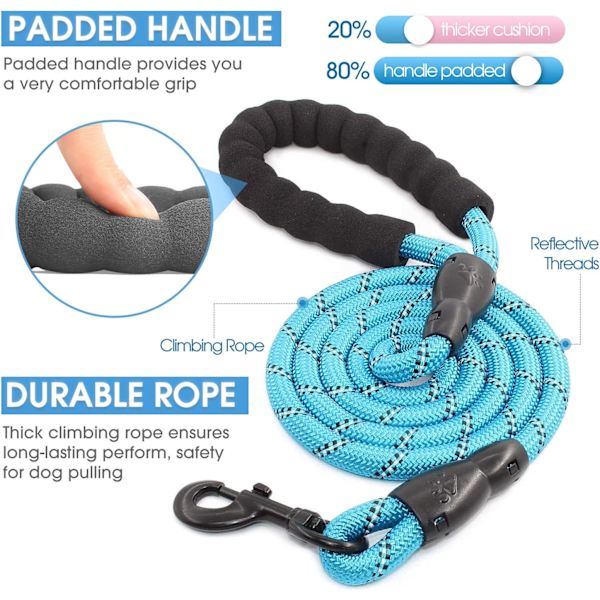 Hundehalsbånd med komfortabelt polstret håndtak og svært reflekterende tråder for små, mellomstore og store hunder (5FT-1/3'', blå)
