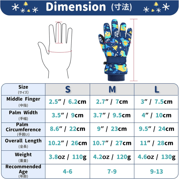 Barne- og barneskihansker Vinter snøhansker Vanntett Vinter varme hansker for snowboard, aking, mørkeblå sabeltanntiger, S