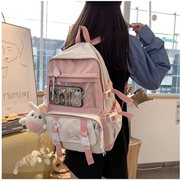 Kawaii Rygsæk med Kawaii Pin og Tilbehør Rygsæk Sød Æstetisk Rygsæk Sød Kawaii Rygsæk til Skole (Pink)