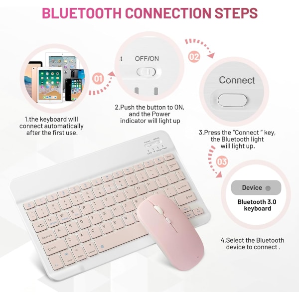 Bluetooth tastatur og mus Combo Genopladeligt bærbart trådløst tastatur musesæt til iPad Tablet Windows (10 tommer Pink)