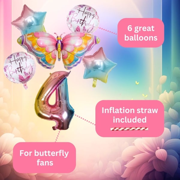 Fjärilsballong Födelsedagsdekoration 4 år Set - Fjärilsfest, Nummer 4 Ballong Rosa regnbåge, Folieballong Djur Grattis på födelsedagen Dekorationer